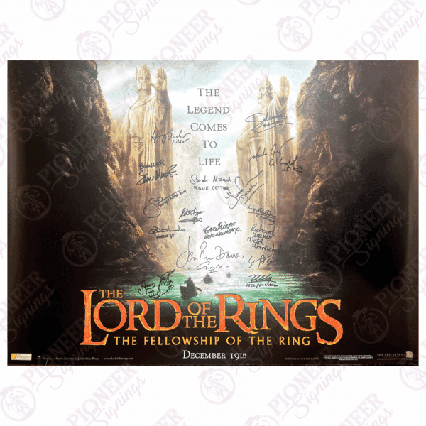 The Lord of the Rings: The Fellowship of the Ring original 'Argonath' quad poster signed by mutiple cast with 'Gandalf' sketch from Daniel Falconer. All autographs obtained from private signings with Pioneer Signings
