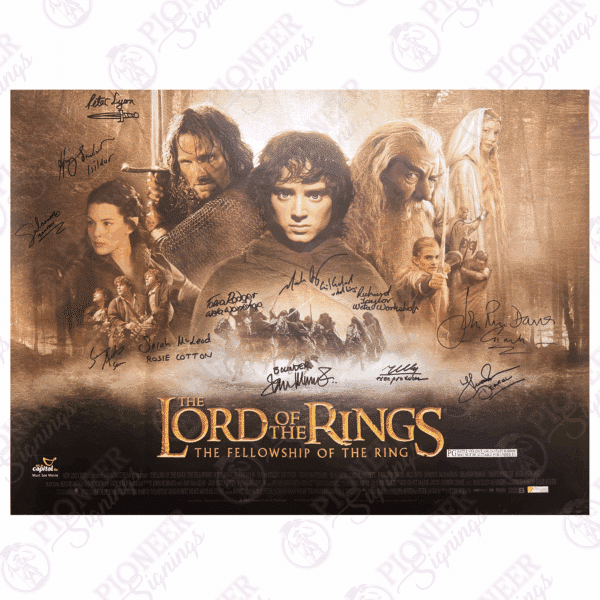 The Lord of the Rings: The Fellowship of the Ring original theatrical quad poster with 'Gandalf' sketch from Daniel Falconer. All autographs obtained from private signings with Pioneer Signings