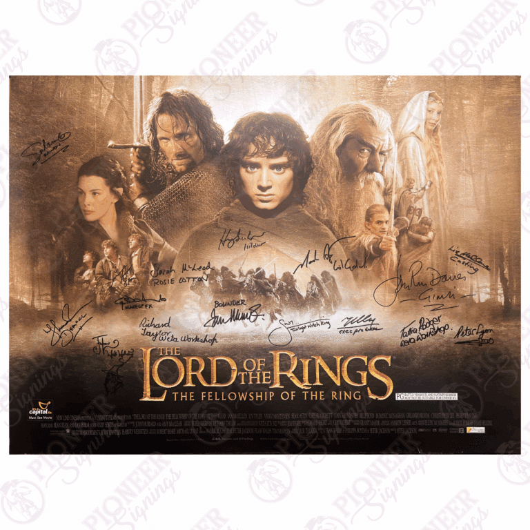The Lord of the Rings: The Fellowship of the Ring original theatrical quad poster with 'Gandalf' sketch from Daniel Falconer. All autographs obtained from private signings with Pioneer Signings