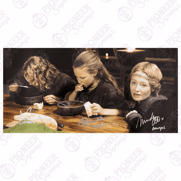 LotR: The Golden Hall Trio 10x20 Print signed by Miranda Otto, Olivia Tennet & Sam Comery - Pioneer Signings