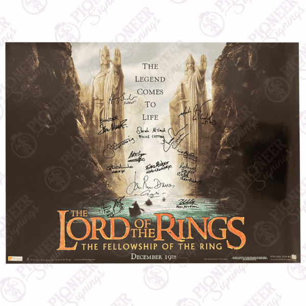 The Lord of the Rings: The Fellowship of the Ring original 'Argonath' quad poster signed by mutiple cast with 'Gandalf' sketch from Daniel Falconer. All autographs obtained from private signings with Pioneer Signings