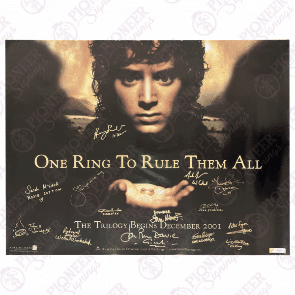 The Lord of the Rings: The Fellowship of the Ring original 'Frodo' quad poster signed by mutiple cast with 'The One Ring' sketch from Daniel Falconer. All autographs obtained from private signings with Pioneer Signings