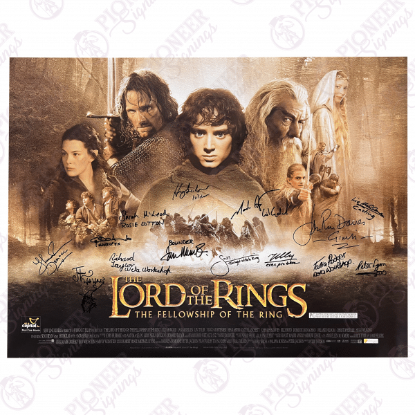 The Lord of the Rings: The Fellowship of the Ring original theatrical quad poster with 'Gandalf' sketch from Daniel Falconer. All autographs obtained from private signings with Pioneer Signings