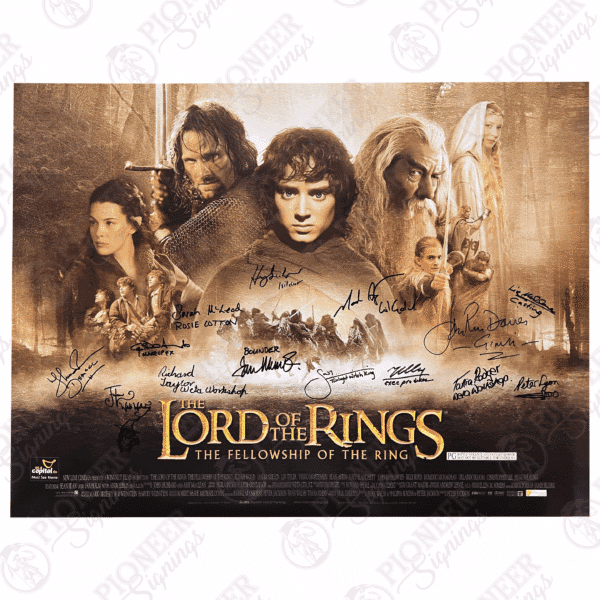 The Lord of the Rings: The Fellowship of the Ring original theatrical quad poster with 'Gandalf' sketch from Daniel Falconer. All autographs obtained from private signings with Pioneer Signings
