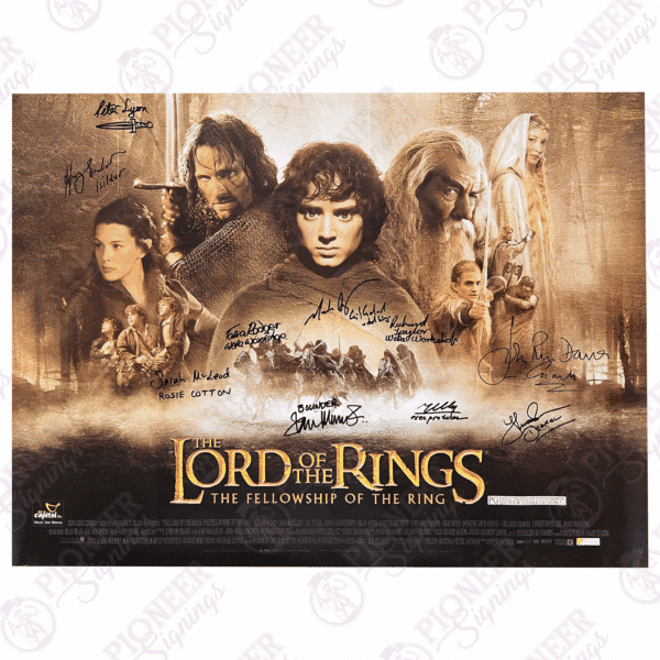 The Lord of the Rings: The Fellowship of the Ring original theatrical quad poster with 'Gandalf' sketch from Daniel Falconer. All autographs obtained from private signings with Pioneer Signings