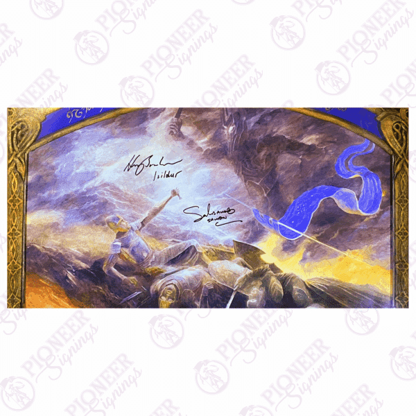 The Lord of the Rings: Isildur vs Sauron Mural Painting by Alan Lee 10x20 Print signed by Harry Sinclair & Sala Baker - Pioneer Signings