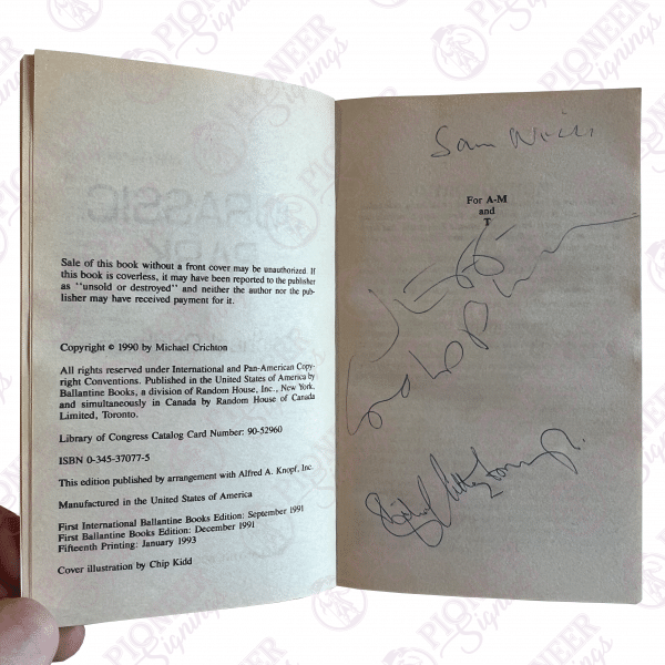 JURASSIC PARK (1993) - Sir Richard Attenborough, Sam Neill and Jeff Goldblum Autographed Paperback Novel - Pioneer Signings