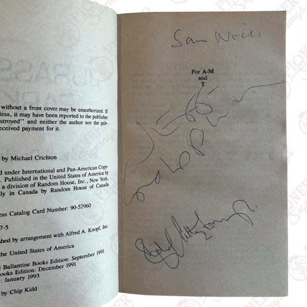 JURASSIC PARK (1993) - Sir Richard Attenborough, Sam Neill and Jeff Goldblum Autographed Paperback Novel - Pioneer Signings
