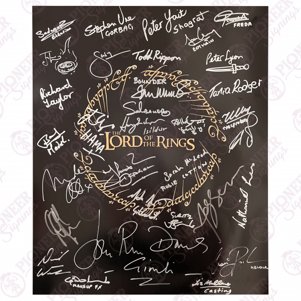 The Lord of the Rings Logo 16x20 print signed by 31 cast and crew. With a 'The One Ring' sketch from Daniel Falconer. This is extremely limited in quantity. - Pioneer Signings