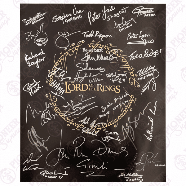 The Lord of the Rings Logo 16x20 print signed by 31 cast and crew. With a 'The One Ring' sketch from Daniel Falconer. This is extremely limited in quantity. - Pioneer Signings