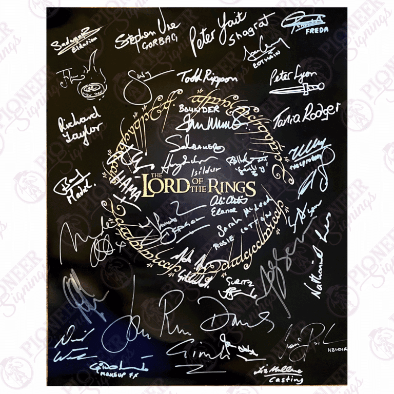 The Lord of the Rings Logo 16x20 print signed by 35 cast and crew. With a 'The One Ring' sketch from Daniel Falconer - Pioneer Signings