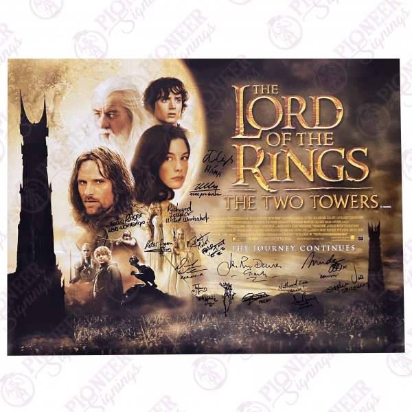 The Lord of the Rings: The Two Towers original theatrical quad poster with 'Treebeard' sketch from Daniel Falconer. All autographs obtained from private signings with Pioneer Signings