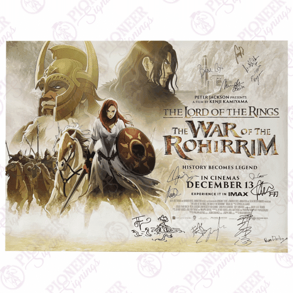 The Lord of the Rings: The War of the Rohirrim original double sided quad poster signed by Brian Cox, Gaia Wise, Miranda Otto, Kenji Kamiyama, Philippa Boyens, Arty Papageorgiou, Pheobe Gittins, Joseph Chou, Shawn Dooley, Michael Wildman, Bea Dooley, Daniel Falconer, Stephen Gallagher with a 'Watcher in the Water' sketch from Daniel Falconer - Pioneer Signings