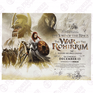 The Lord of the Rings: The War of the Rohirrim original double sided quad poster signed by Brian Cox, Gaia Wise, Miranda Otto, Philippa Boyens, Arty Papageorgiou, Pheobe Gittins, Shawn Dooley, Bea Dooley, Daniel Falconer, Stephen Gallagher with a 'Watcher in the Water' sketch from Daniel Falconer - Pioneer Signings