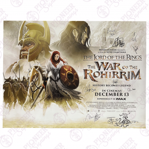 The Lord of the Rings: The War of the Rohirrim original double sided quad poster signed by Brian Cox, Gaia Wise, Miranda Otto, Philippa Boyens, Arty Papageorgiou, Pheobe Gittins, Shawn Dooley, Bea Dooley, Daniel Falconer, Stephen Gallagher with a 'Watcher in the Water' sketch from Daniel Falconer - Pioneer Signings