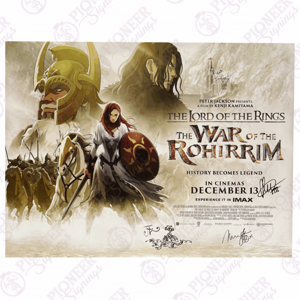 The Lord of the Rings: The War of the Rohirrim original double sided quad poster signed by Brian Cox, Miranda Otto, Stephen Gallagher, Daniel Falconer with a 'Watcher in the Water' sketch from Daniel Falconer - Pioneer Signings